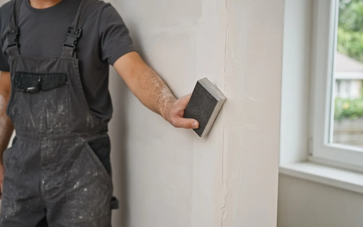 Man in dusty grey bib overalls sanding a patched drywall seam with a sanding sponge beside a bright window