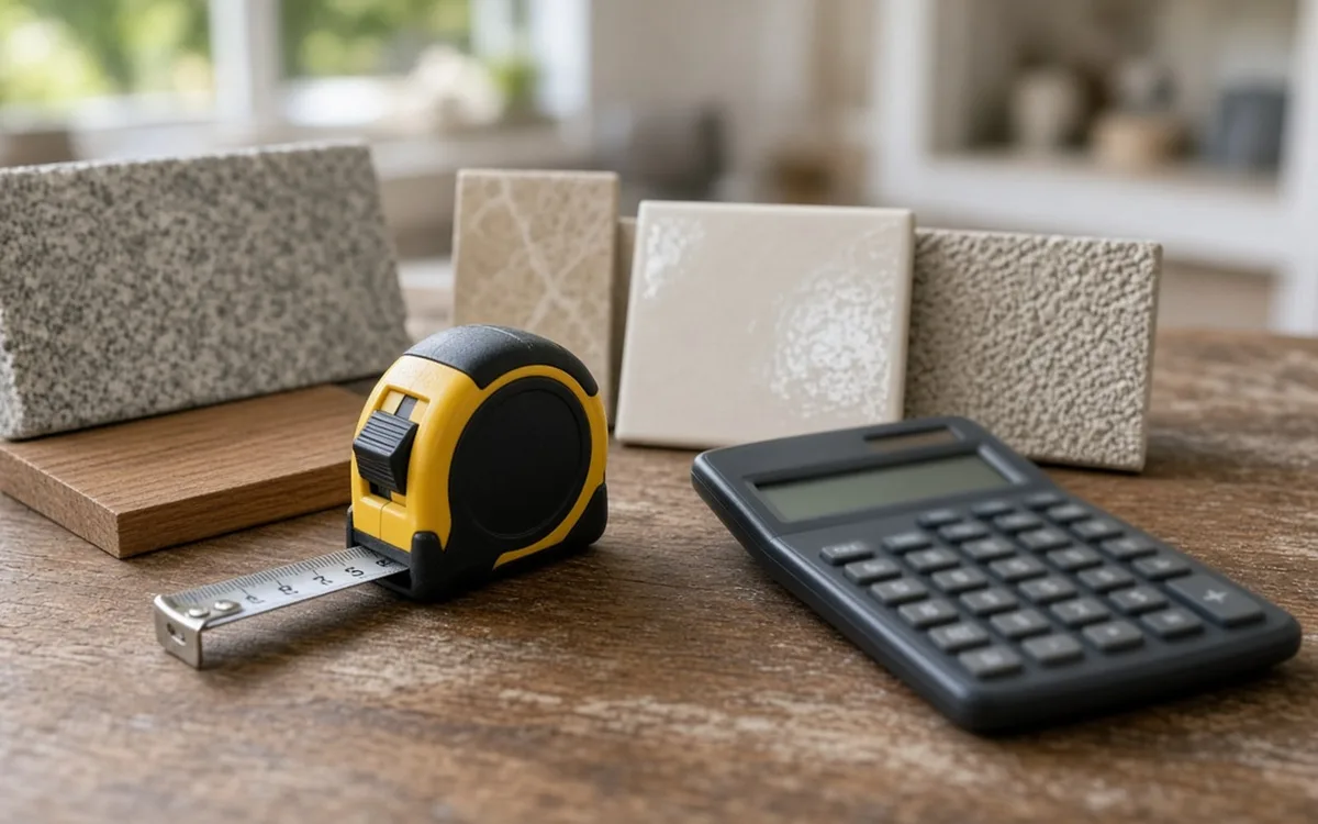 Yellow tape measure and a black calculator in front of speckled stone, textured tile and wood samples on a worn table