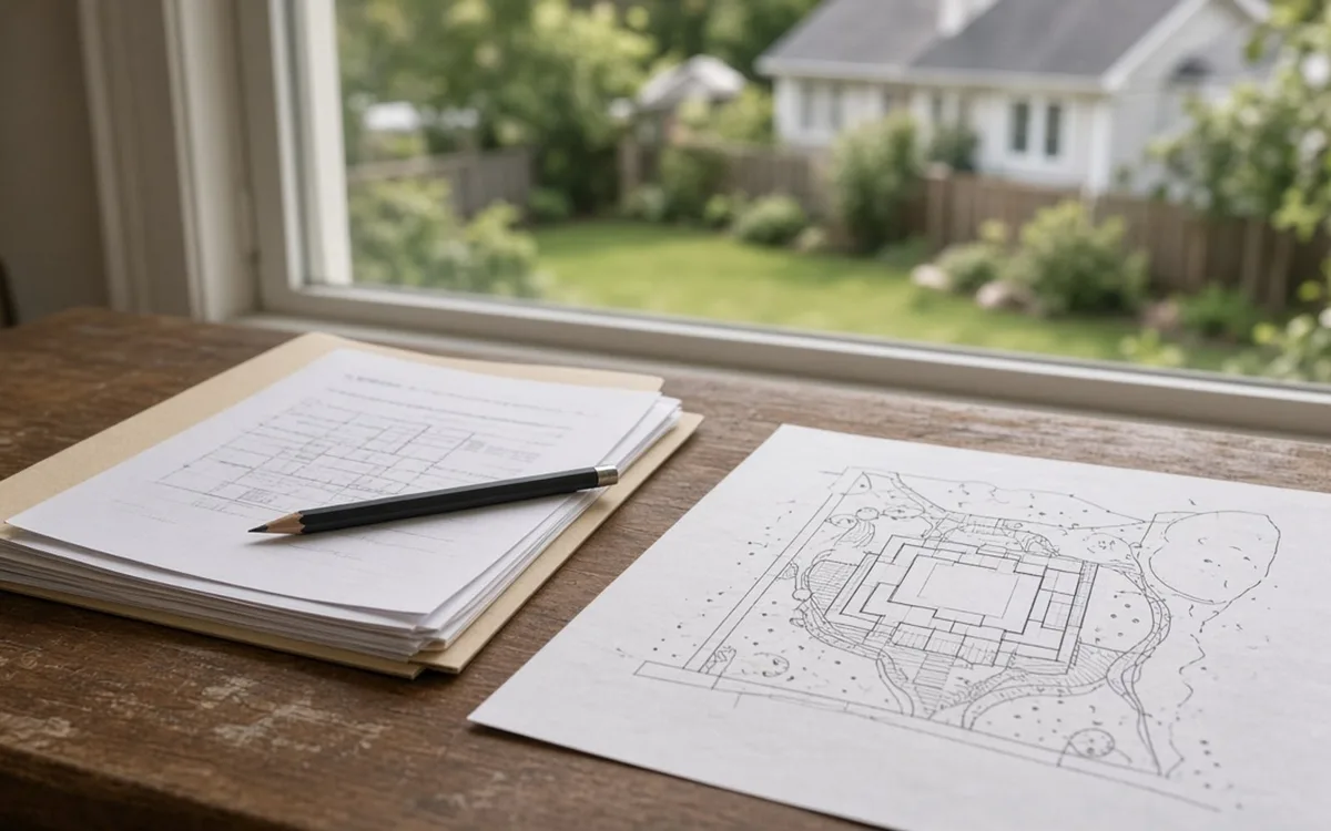 Stack of drawings in a manila folder with a pencil and a site plan sketch on a wooden sill by a window onto a backyard