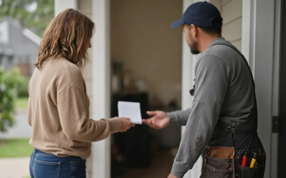 Woman in a tan sweater handing a sheet of paper to a handyman in a navy cap and tool apron at her front door