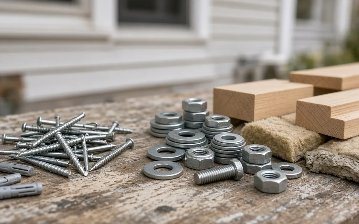Galvanised screws, hex nuts, bolts and washers spread on a weathered bench beside pine blocks and sanding sponges