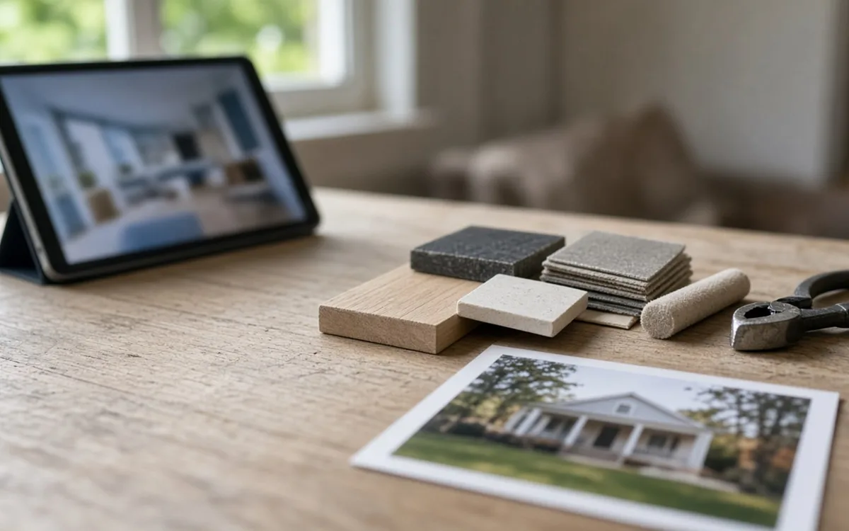 Tablet on a stand, small stone and wood samples, a pair of pliers and a printed snapshot of a white house on a wooden desk