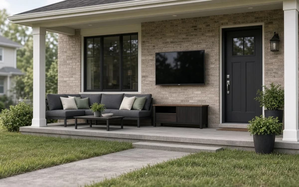 Covered front porch with a flat-screen TV mounted on a painted brick wall above a media console and a grey outdoor sofa