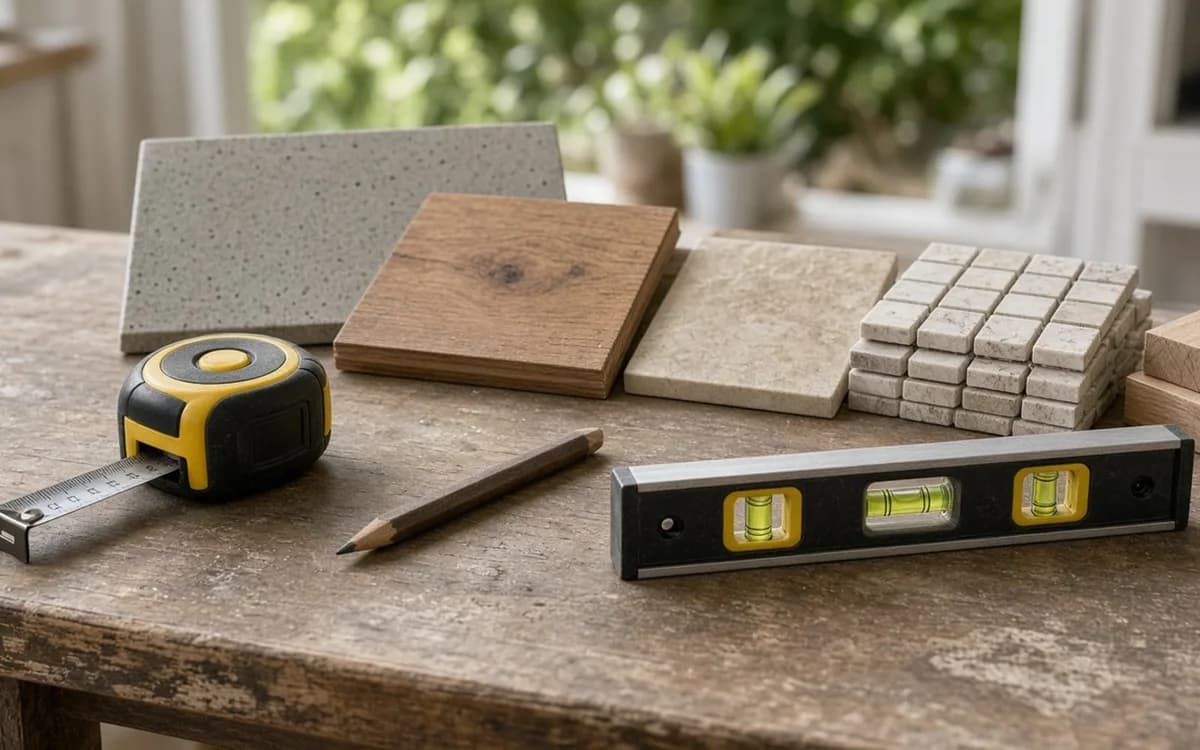 Tape measure, pencil and a torpedo level on a rustic workbench in front of speckled stone, oak, travertine and brick samples