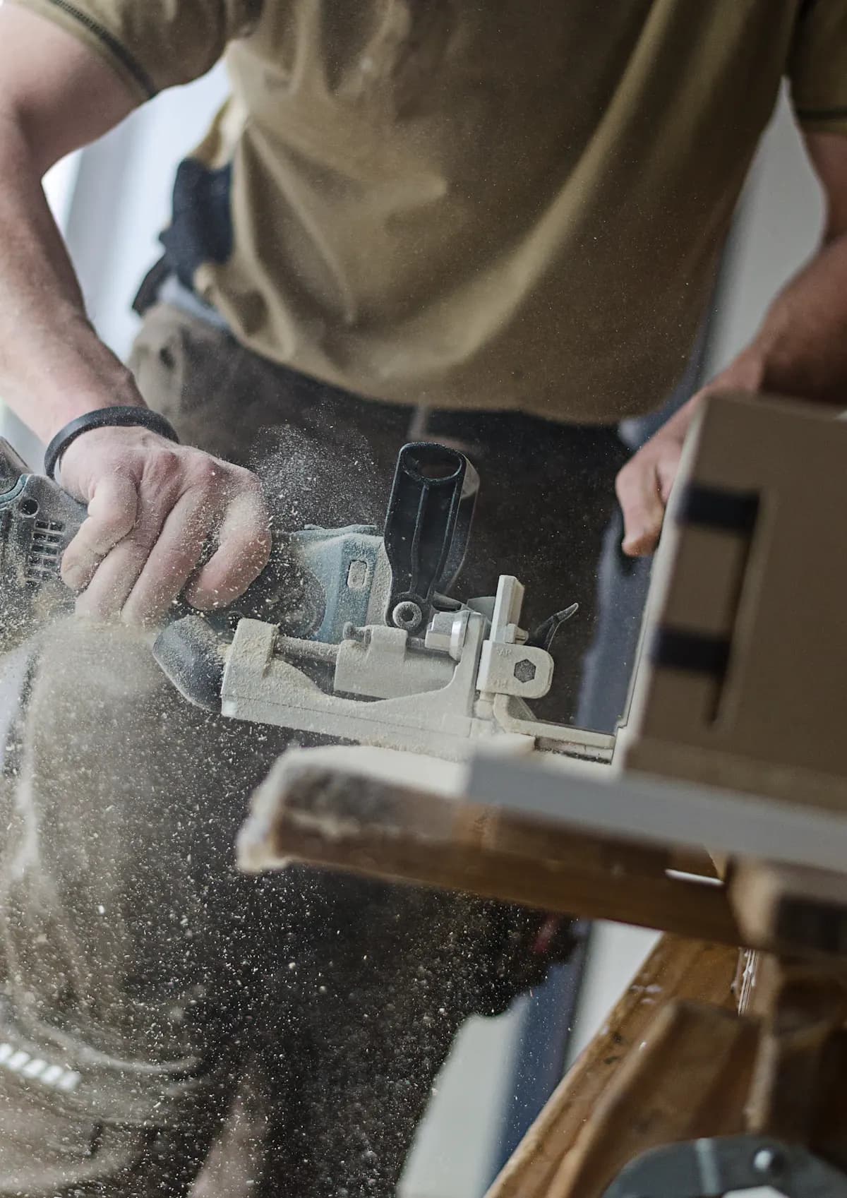 Worker cutting a timber board with a jigsaw